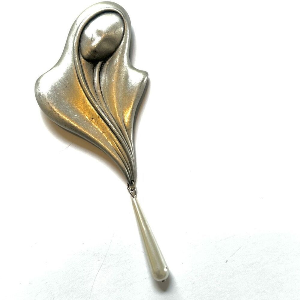 JJ Jonette Jewelry silver tone modern lady with faux pearl dangle